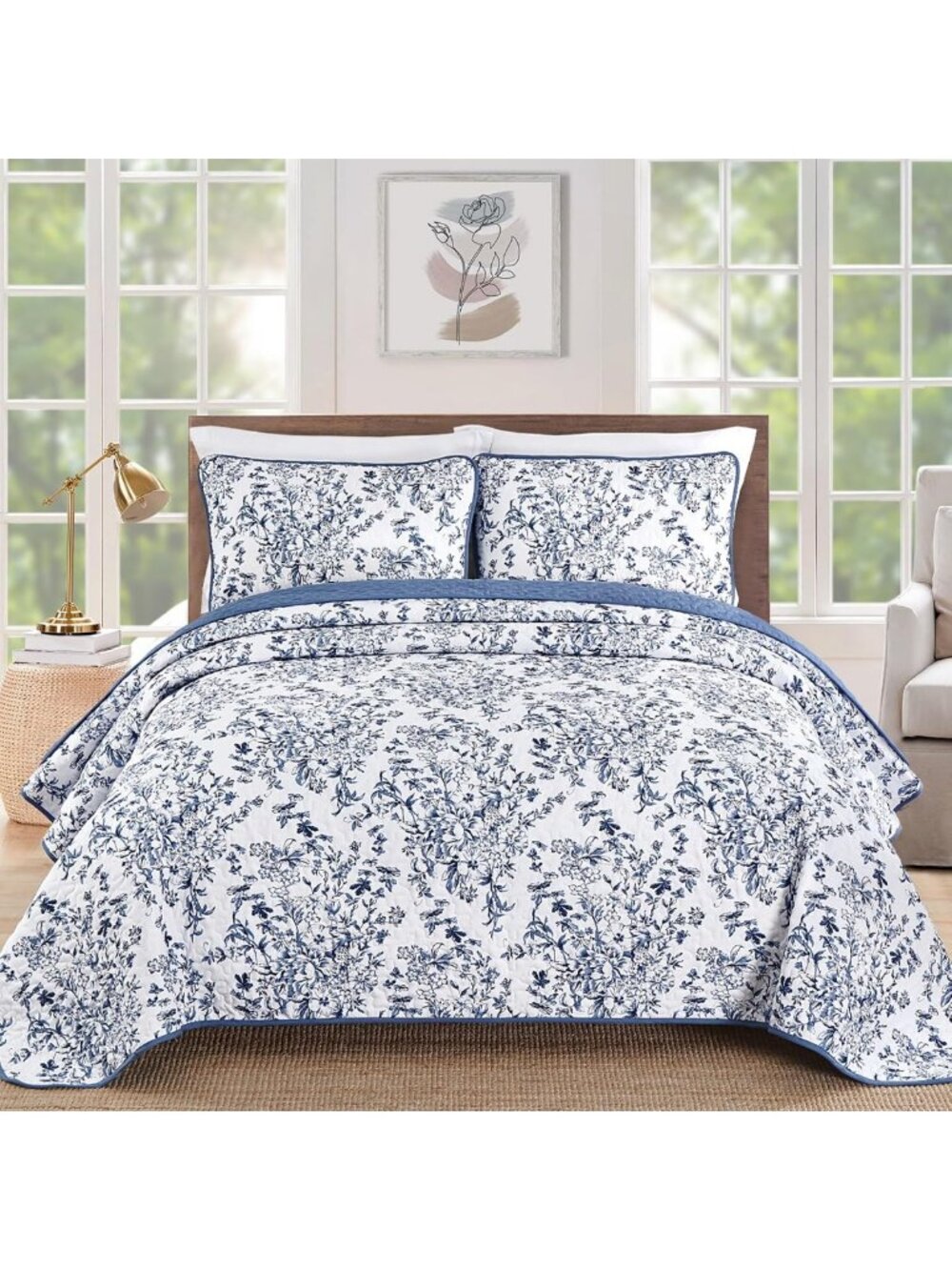 Botanical Queen Quilt Bedding Set - 3 Piece Bedspread, Floral Design, Blue